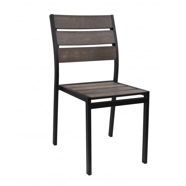 Black metal restaurant stack online chair with aluminum slats