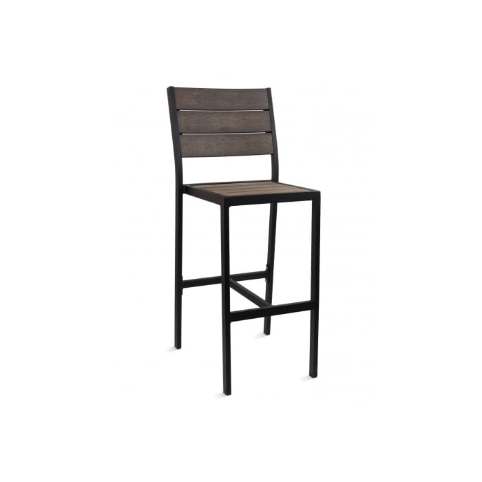 Brushed Brown Synthetic Teak Wood Slats, Outdoor Aluminum Bar Stools With Backs