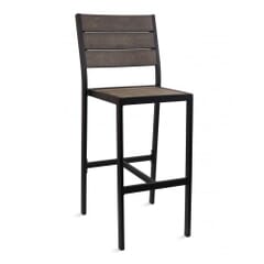 Indoor/Outdoor Aluminum Bar Stool with Brushed Brown Synthetic Teak Wood Slats