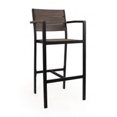 Indoor/Outdoor Aluminum Arm Bar Stool with Brushed Brown Synthetic Teak Wood Slats