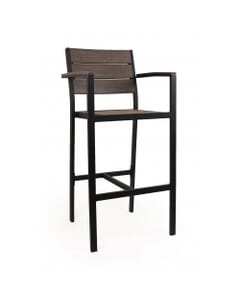 Outdoor Restaurant Bar Stool with Arms - Brushed Brown Synthetic Wood Back and Seat and Black Frame