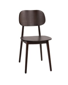 Front view of walnut-finished modern restaurant chair with a curved kidney-shaped backrest and round seat on splayed legs