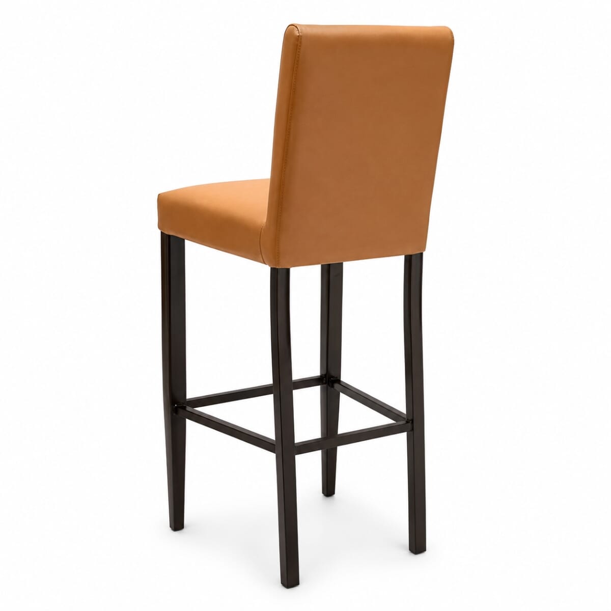Custom Fully Upholstered Wood Look Metal Restaurant Bar Stool in Walnut