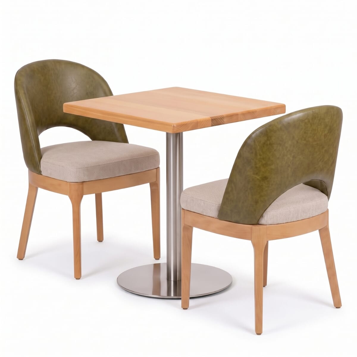2-Seat Lily Natural Wood Restaurant Set with Brushed Steel Base