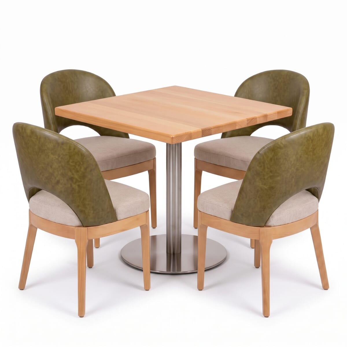 4-Seat Lily Natural Wood Restaurant Set with Stainless Steel Base