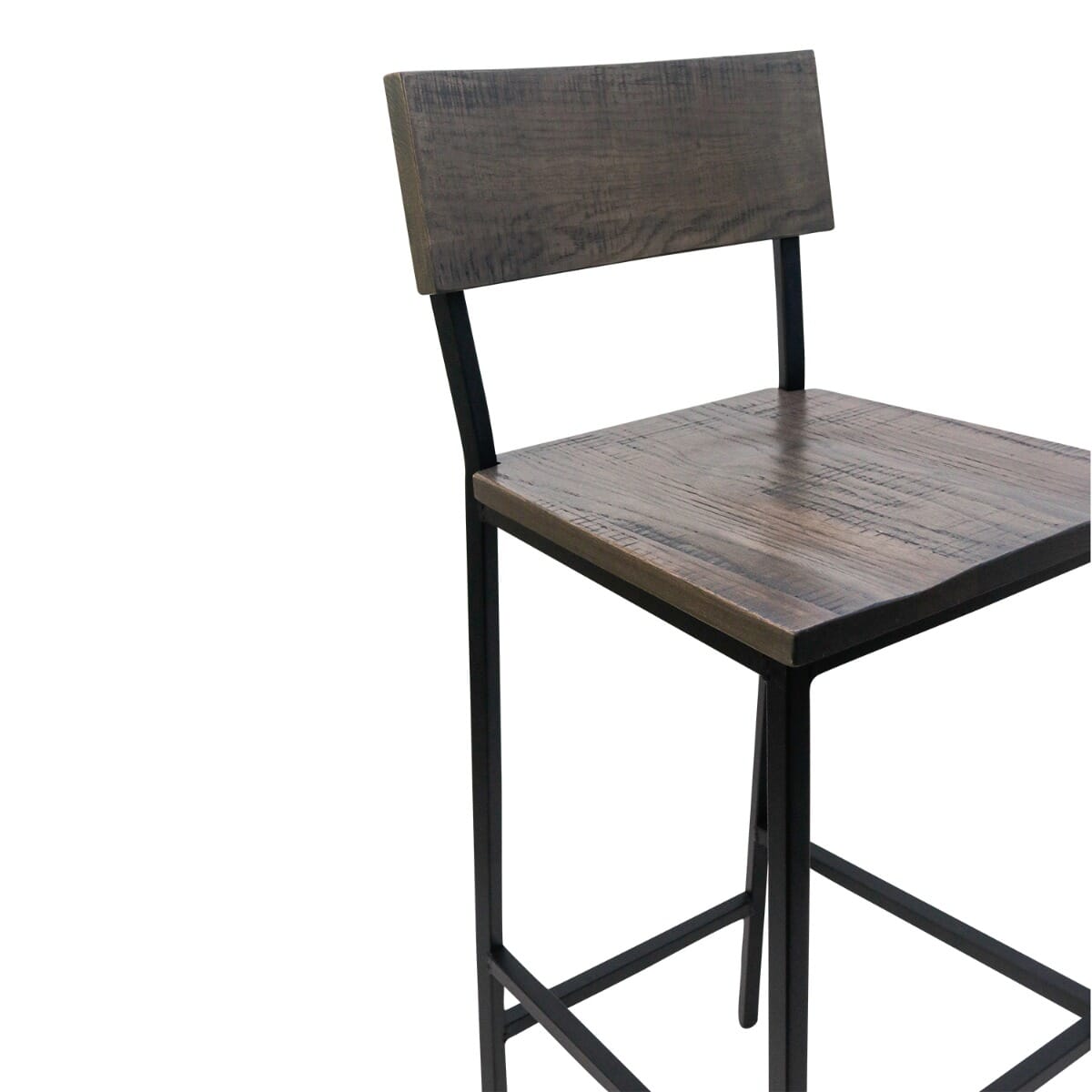 American Oak Wood Restaurant Bar Stool in Gray with Black Industrial Steel Frame