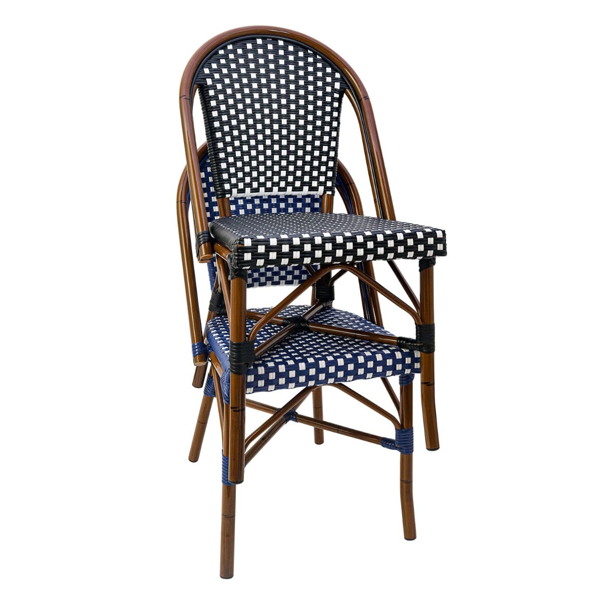 Stackable Curved Back Synthetic Wicker Bamboo Commercial Outdoor Chair Black White
