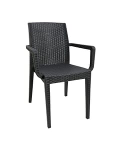 Curved-Back Dark Gray Synthetic Wicker Restaurant Chair with Arms - Front View