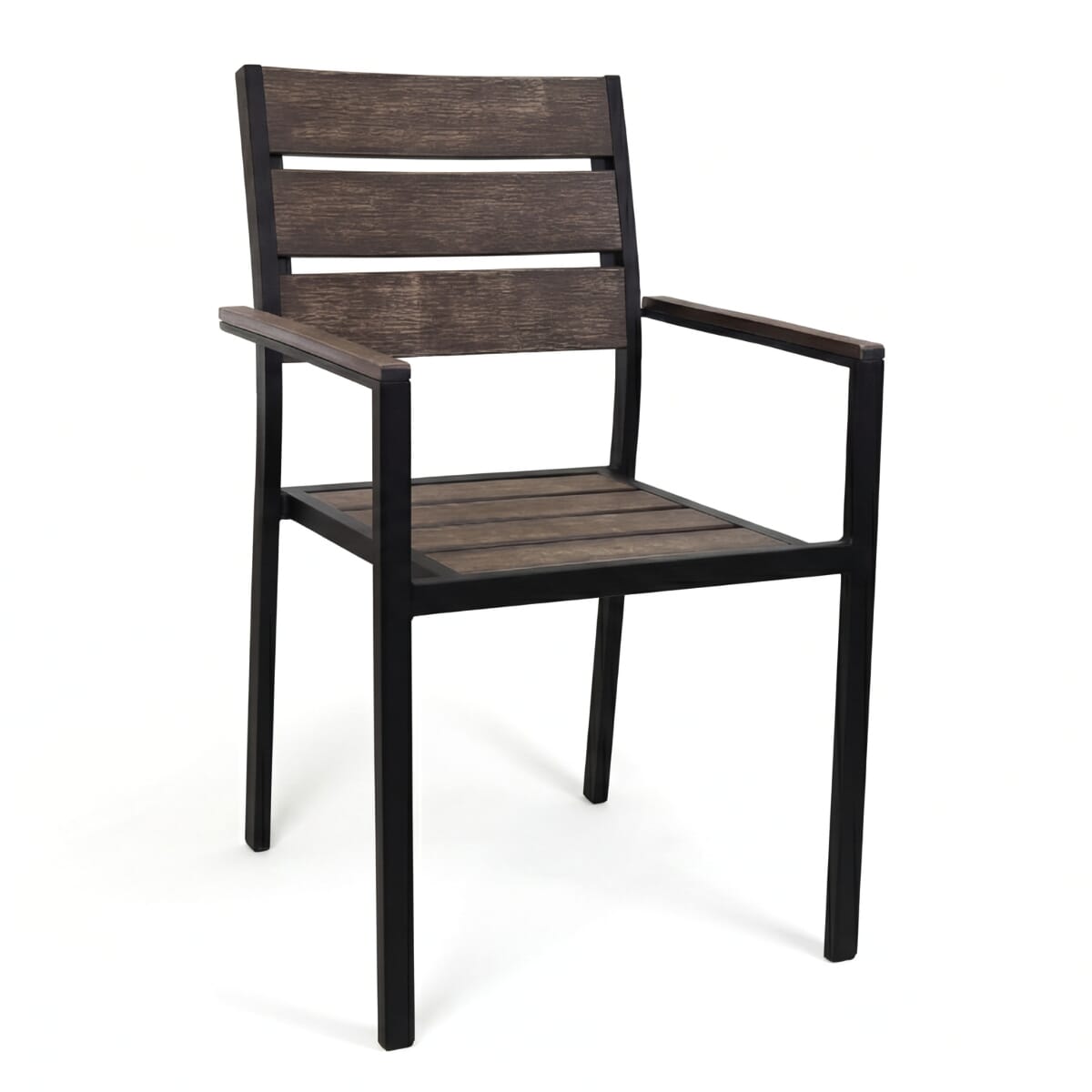 Outdoor Stackable Aluminum Arm Chair with Brushed Brown Synthetic Teak Wood Slats
