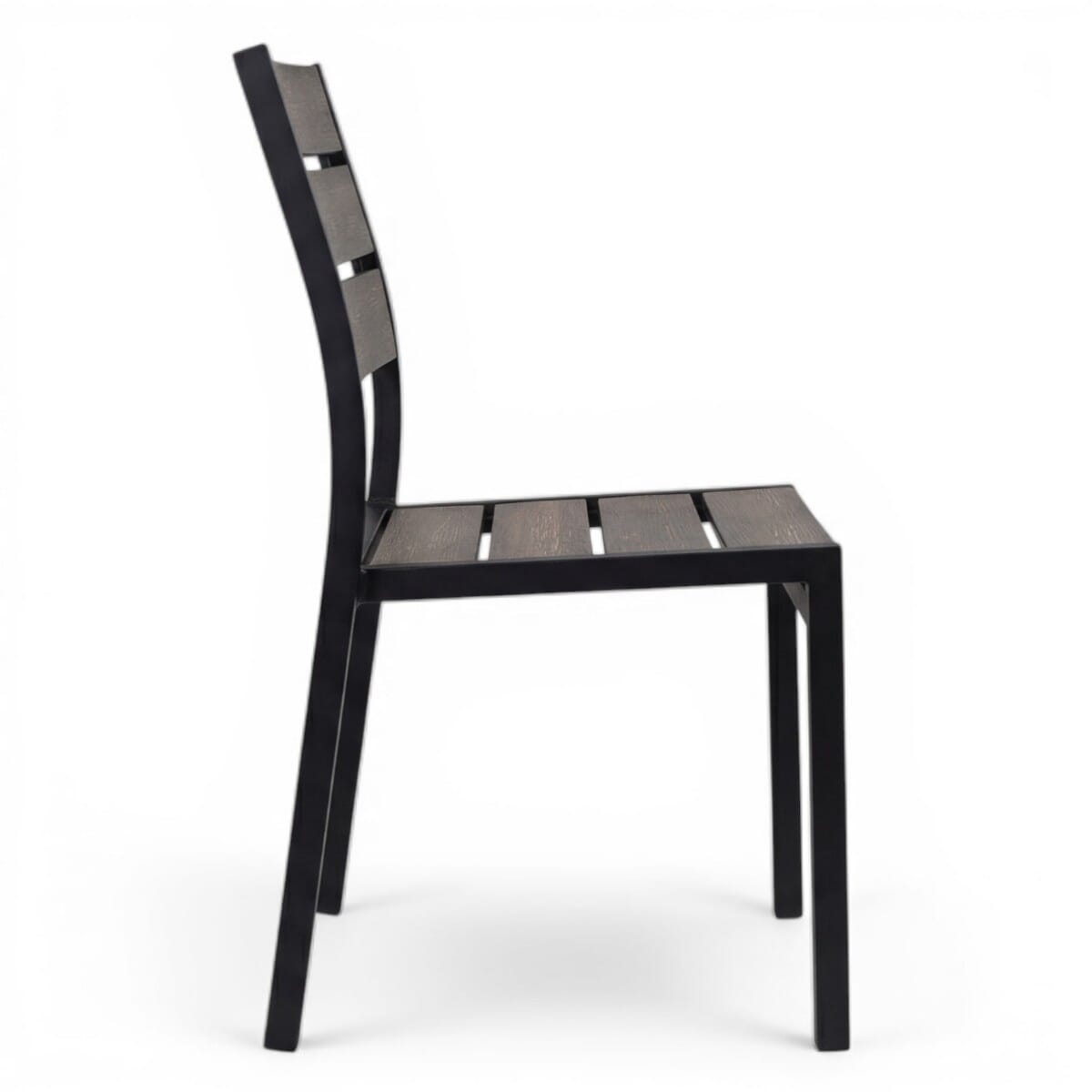 Stackable Outdoor Aluminum Restaurant Chair with Brushed Brown Synthetic Teak Wood Slats