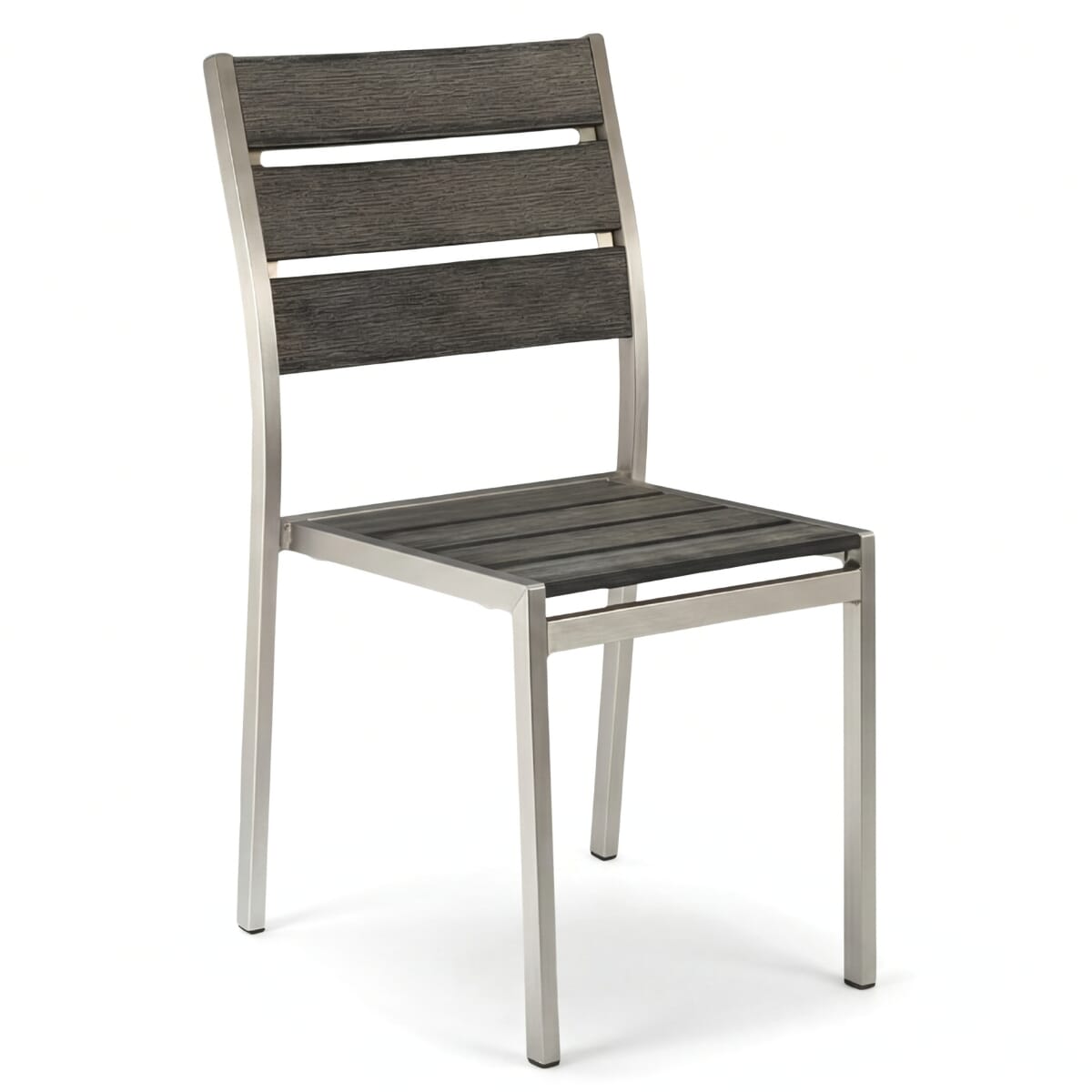 Stackable Outdoor Aluminum Chair with Pewter Synthetic Teak Wood Slats