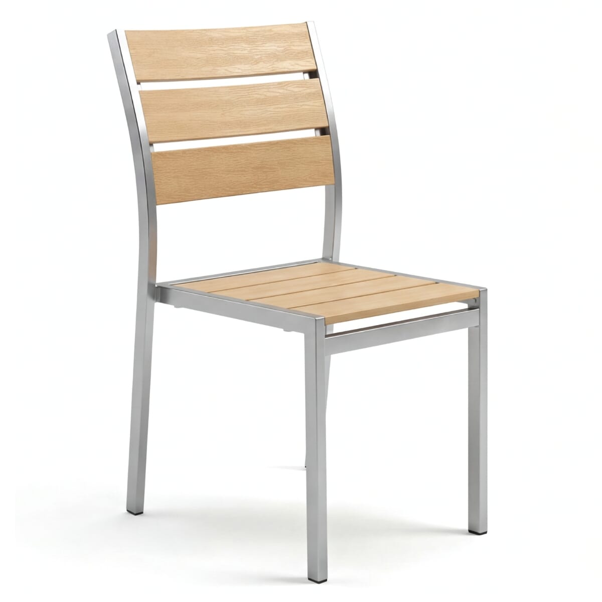 Stackable Outdoor Aluminum Restaurant Chair with Tan Synthetic Teak Wood Slats