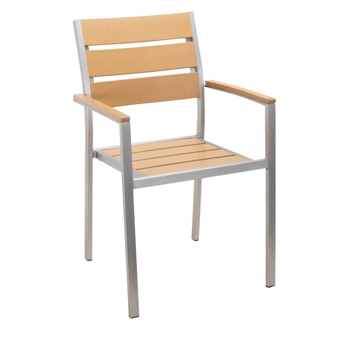 Stackable Outdoor Aluminum Arm Chair With Tan Synthetic Teak Wood Slats - Is Aluminum Or Teak Better For Outdoor Furniture