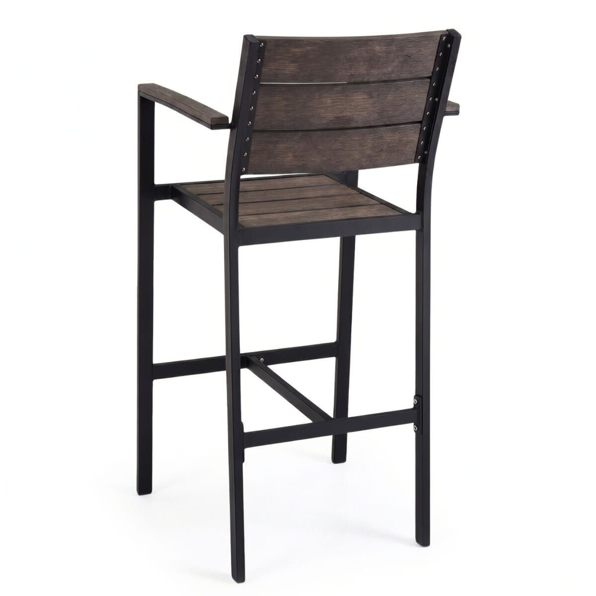 Indoor/Outdoor Aluminum Arm Bar Stool with Brushed Brown Synthetic Teak Wood Slats