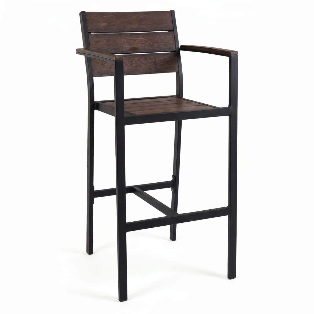 Indoor/Outdoor Aluminum Arm Bar Stool with Brushed Brown Synthetic Teak Wood Slats