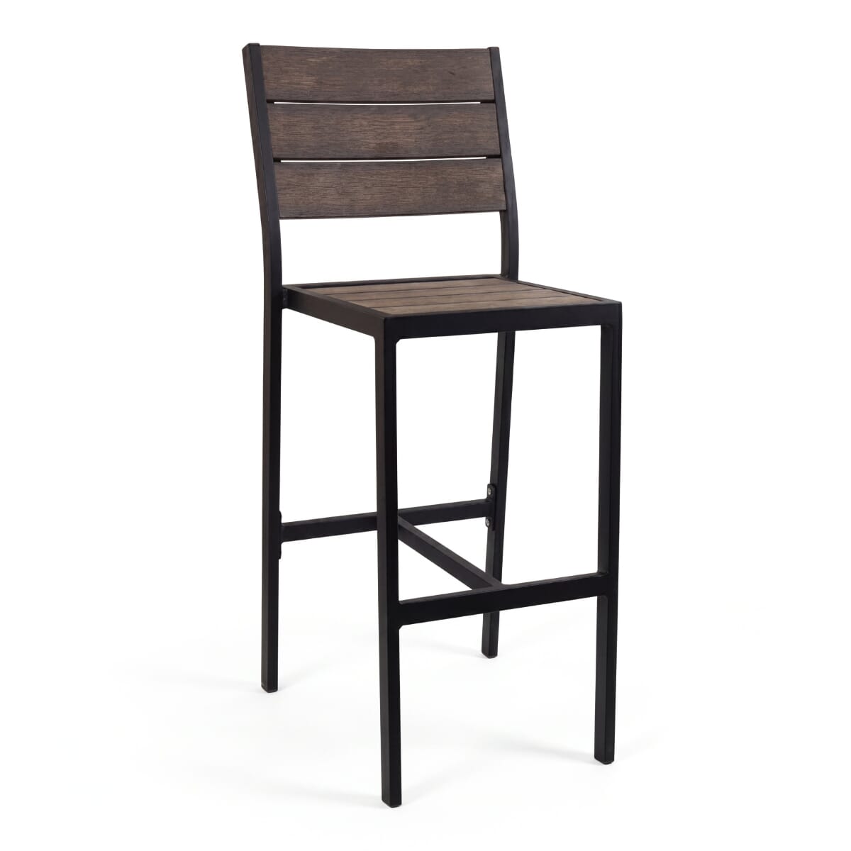 Indoor/Outdoor Aluminum Bar Stool with Brushed Brown Synthetic Teak Wood Slats