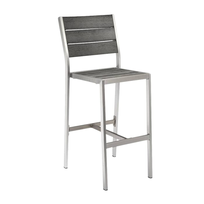 Outdoor Aluminum Bar Stool With Pewter Synthetic Teak Wood Slats Pewter Synthetic Teak Wood Slats, Aluminum Outdoor Bar Stools