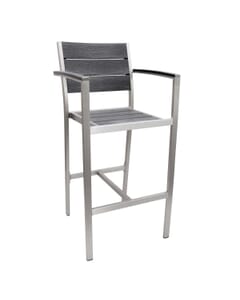 Aluminum Frame Outdoor Restaurant Bar Stool With Silver Synthetic Teak Slats With Arms (Front)
