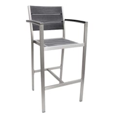 Indoor/Outdoor Aluminum Arm Bar Stool with Pewter Synthetic Teak Wood Slats