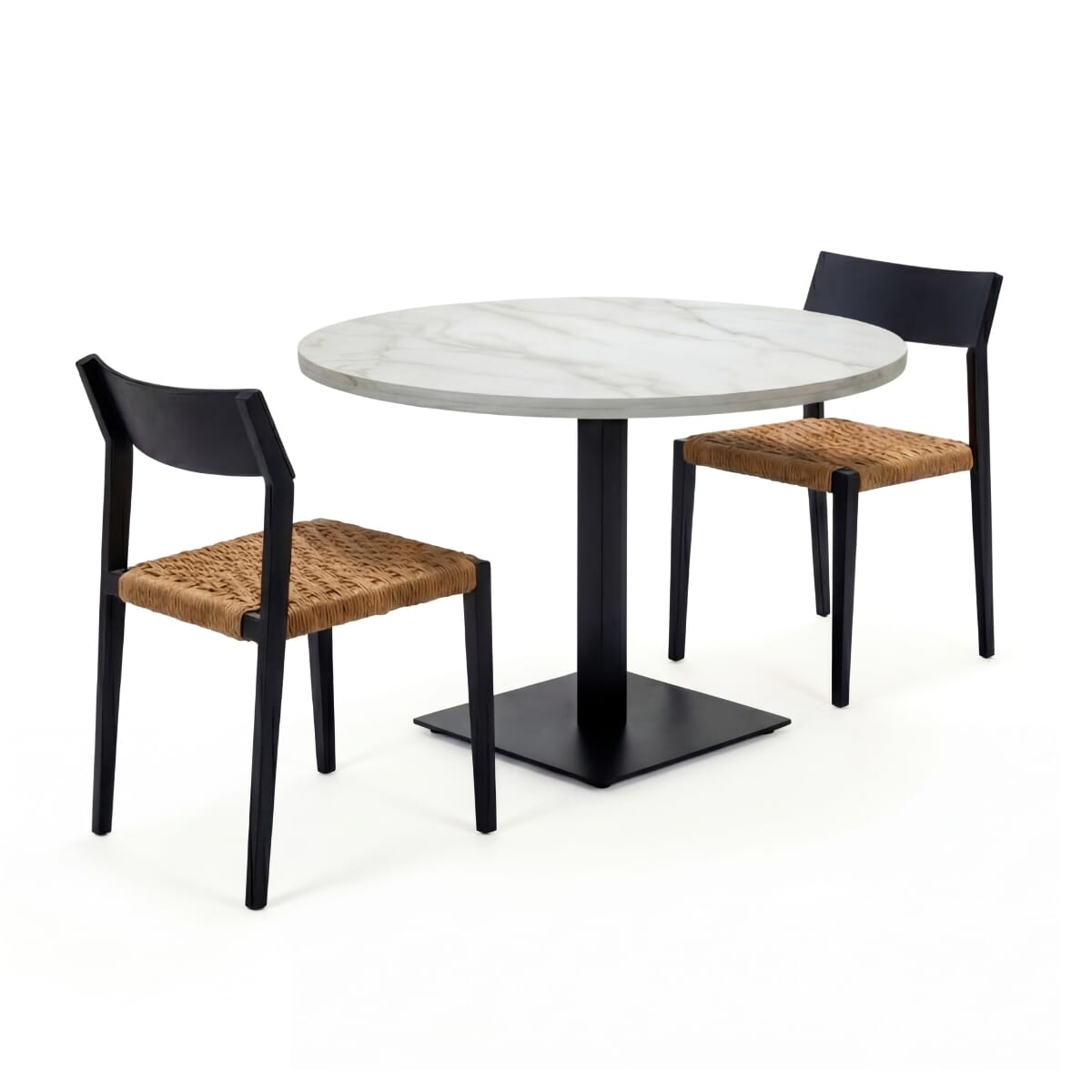 Tan Rope Restaurant Outdoor Set with 2 Stackable Chairs, White Sintered Stone Top & Black Stainless Steel Base