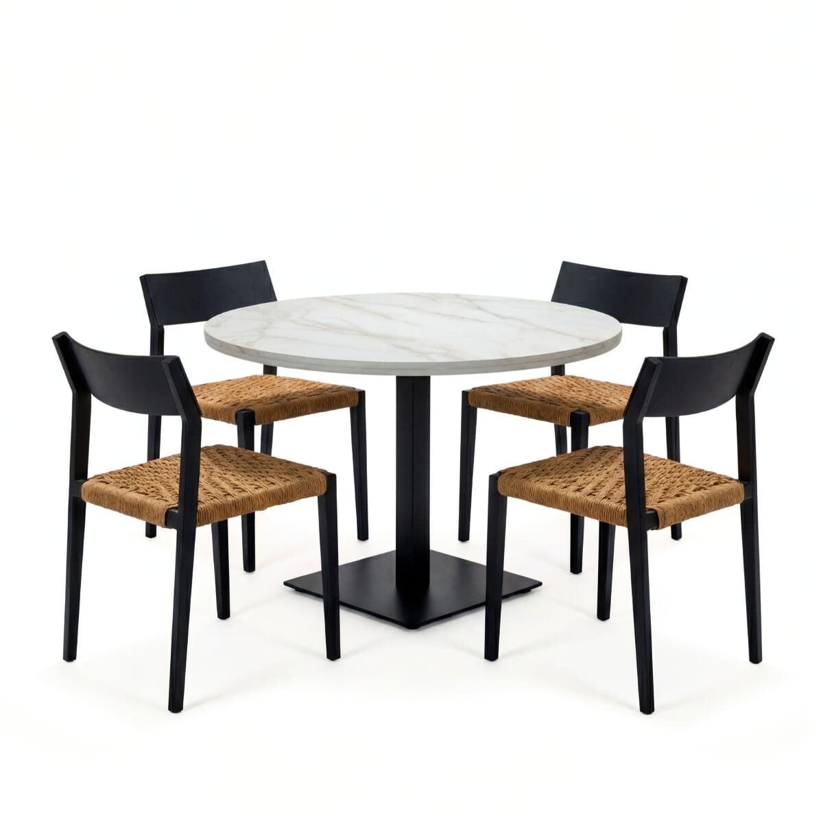Tan Rope Restaurant Outdoor Set with 4 Stackable Chairs, White Sintered Stone Top & Black Stainless Steel Base