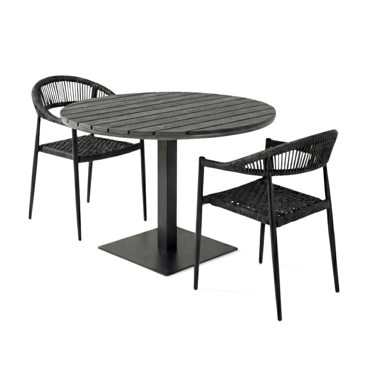 Gray Rope Restaurant Outdoor Set with 2 Stackable Chairs, Pewter Synthetic Teak Top & Black Stainless Steel Base