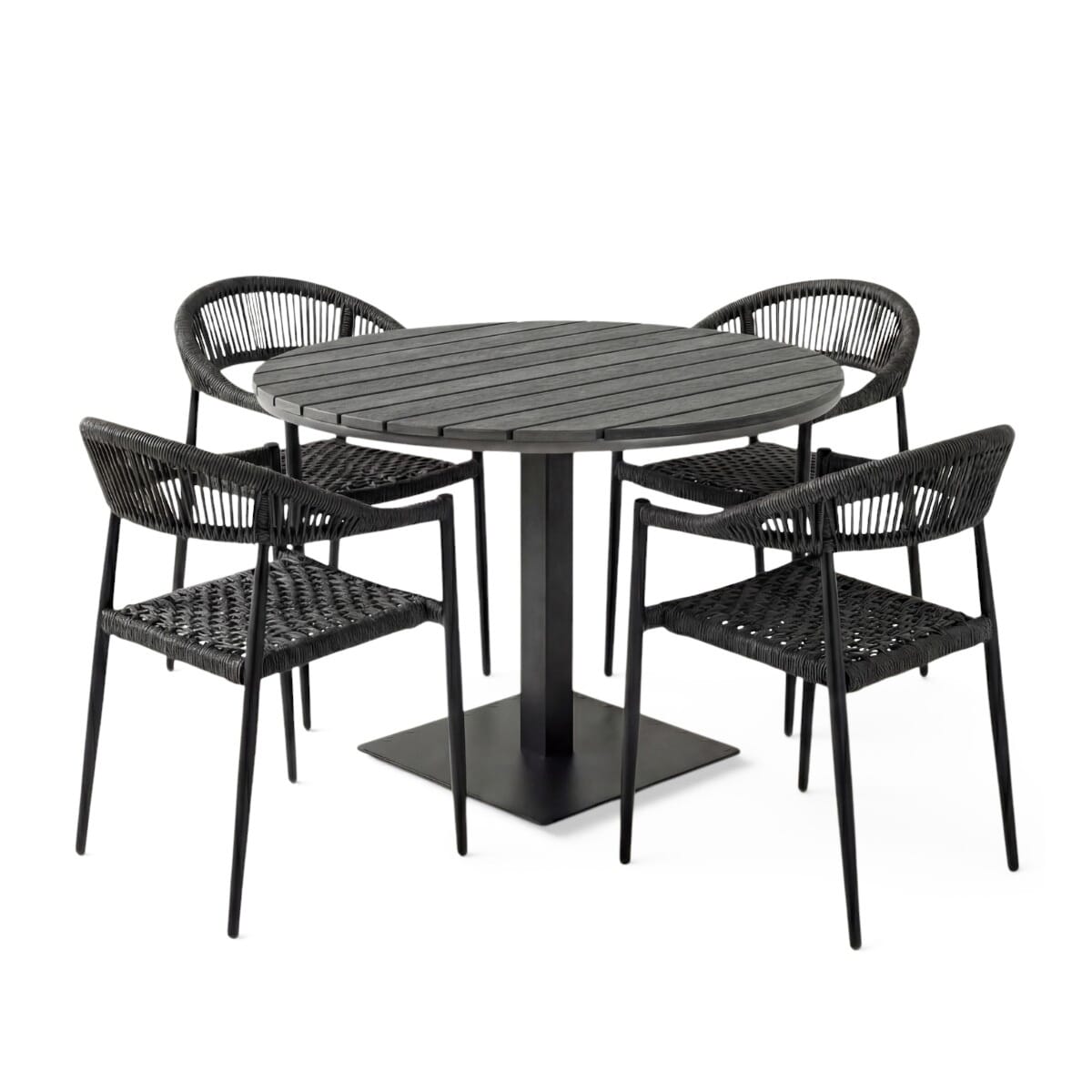 Gray Rope Chair Restaurant Table Set with 4 Stackable Chairs, Pewter Synthetic Teak Top & Black Stainless Steel Base
