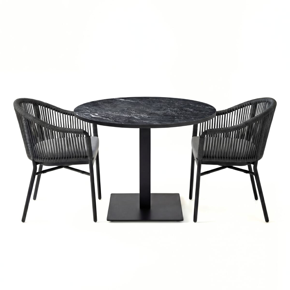 Brezza Rope Restaurant Outdoor Set with 2 Armchairs, Black Sintered Stone Top & Black Stainless Steel Base
