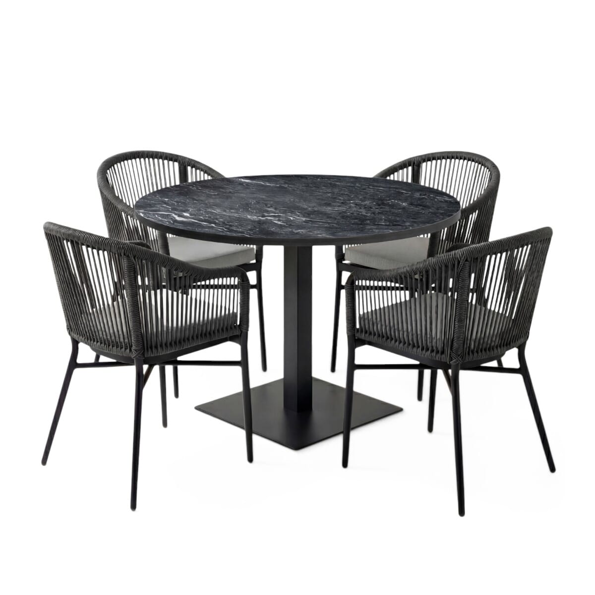 Brezza Rope Restaurant Outdoor Set with 4 Armchairs, Black Sintered Stone Top & Black Stainless Steel Base