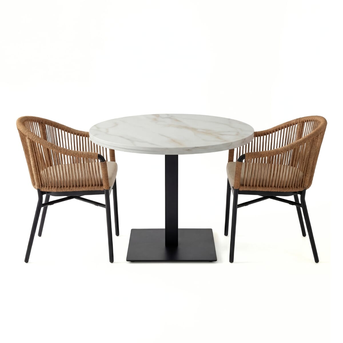 Brezza Rope Restaurant Outdoor Set with 2 Armchairs, White Sintered Stone Top & Black Stainless Steel Base
