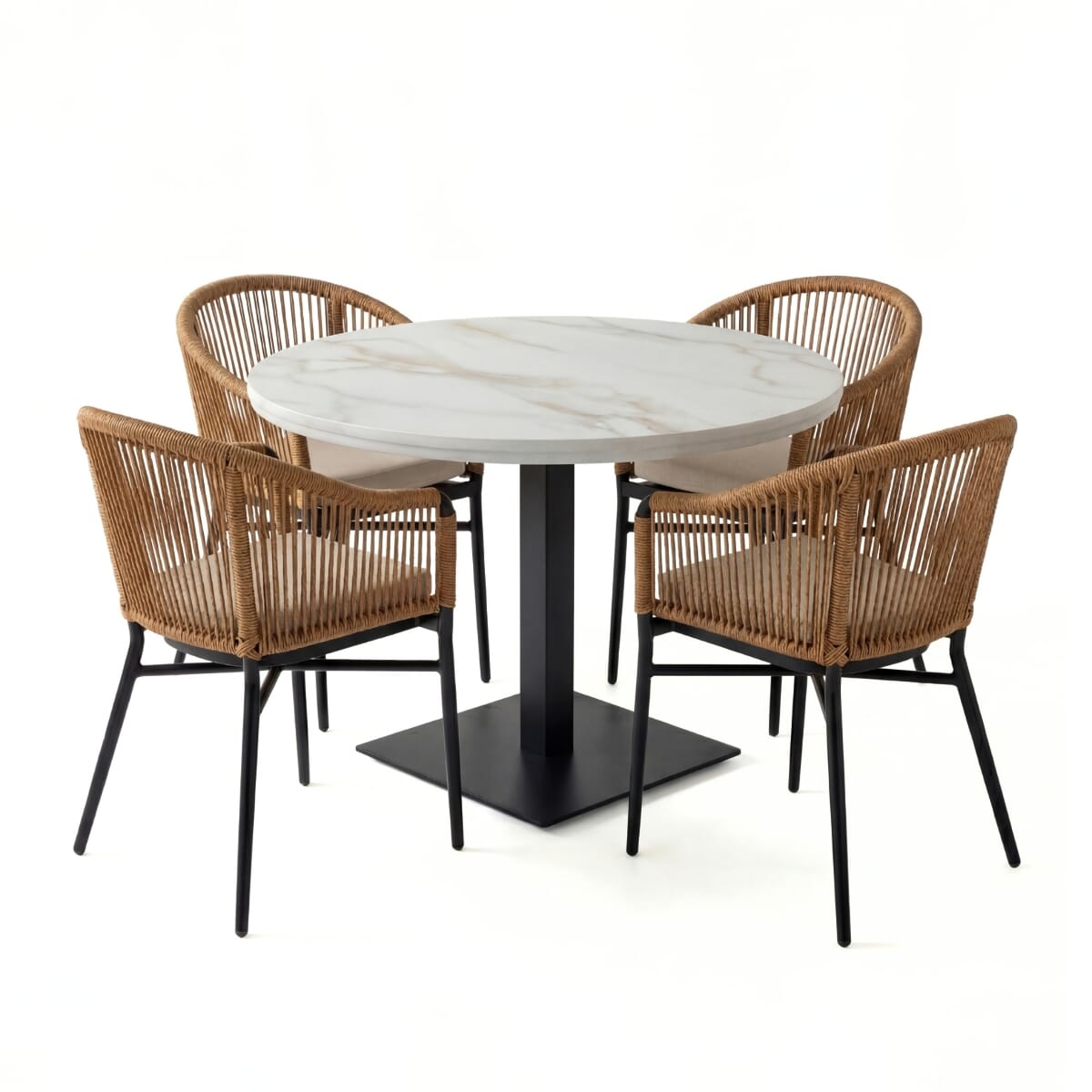 Brezza Rope Restaurant Outdoor Set with 4 Armchairs, White Sintered Stone Top & Black Stainless Steel Base