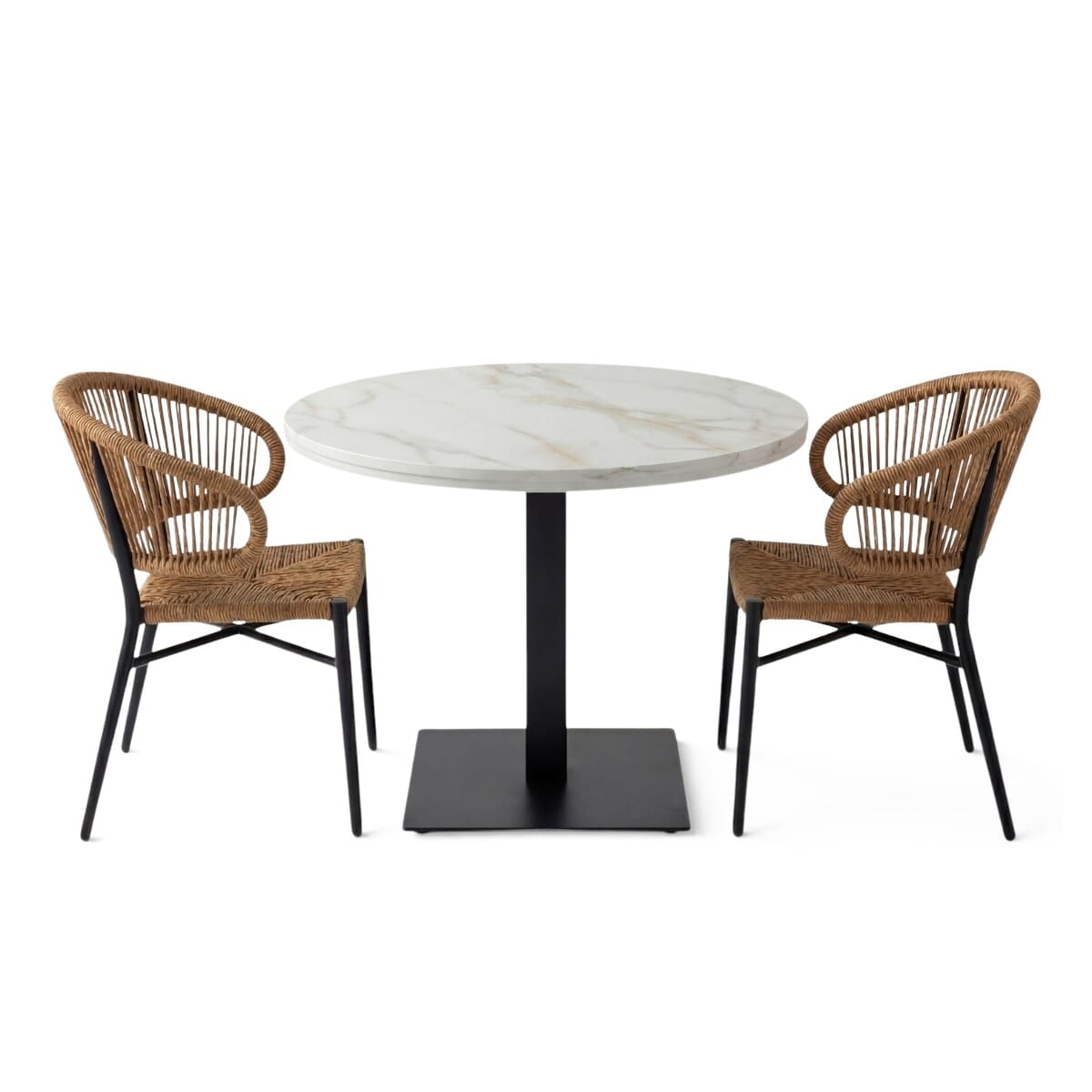 Palmera Tan Rope Chair Restaurant Outdoor Set with White Sintered Stone Top & Black Base, 2 Chairs