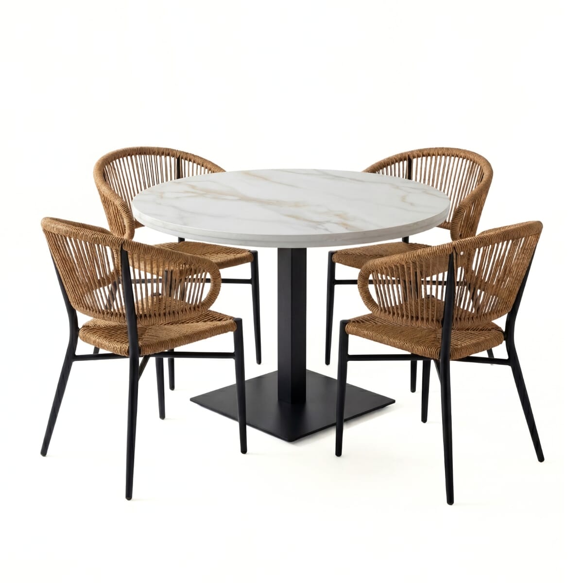 Palmera Rope Chair Restaurant Outdoor Dining Set with White Sintered Stone Top & Black Stainless Steel Base
