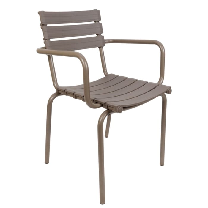 Stackable Restaurant Arm Chair With Molded Resin Seat And Back In Tan Stackable Restaurant Arm Chair With, Molded Resin Outdoor Furniture