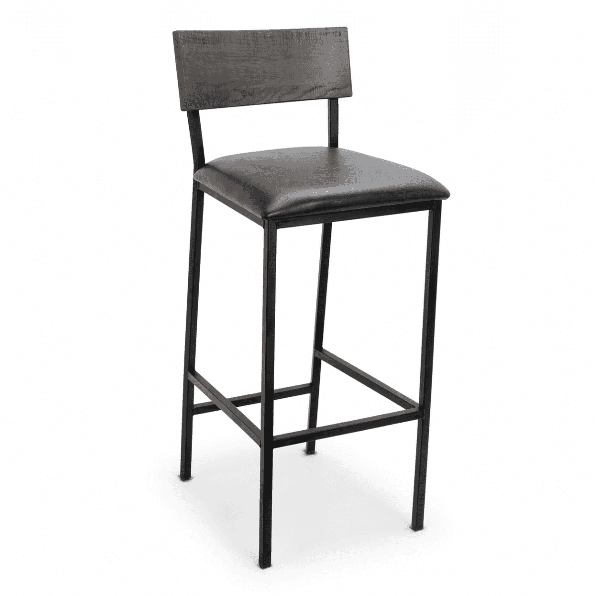 American Oak Wood Restaurant Bar Stool in Gray with Black Industrial Steel Frame