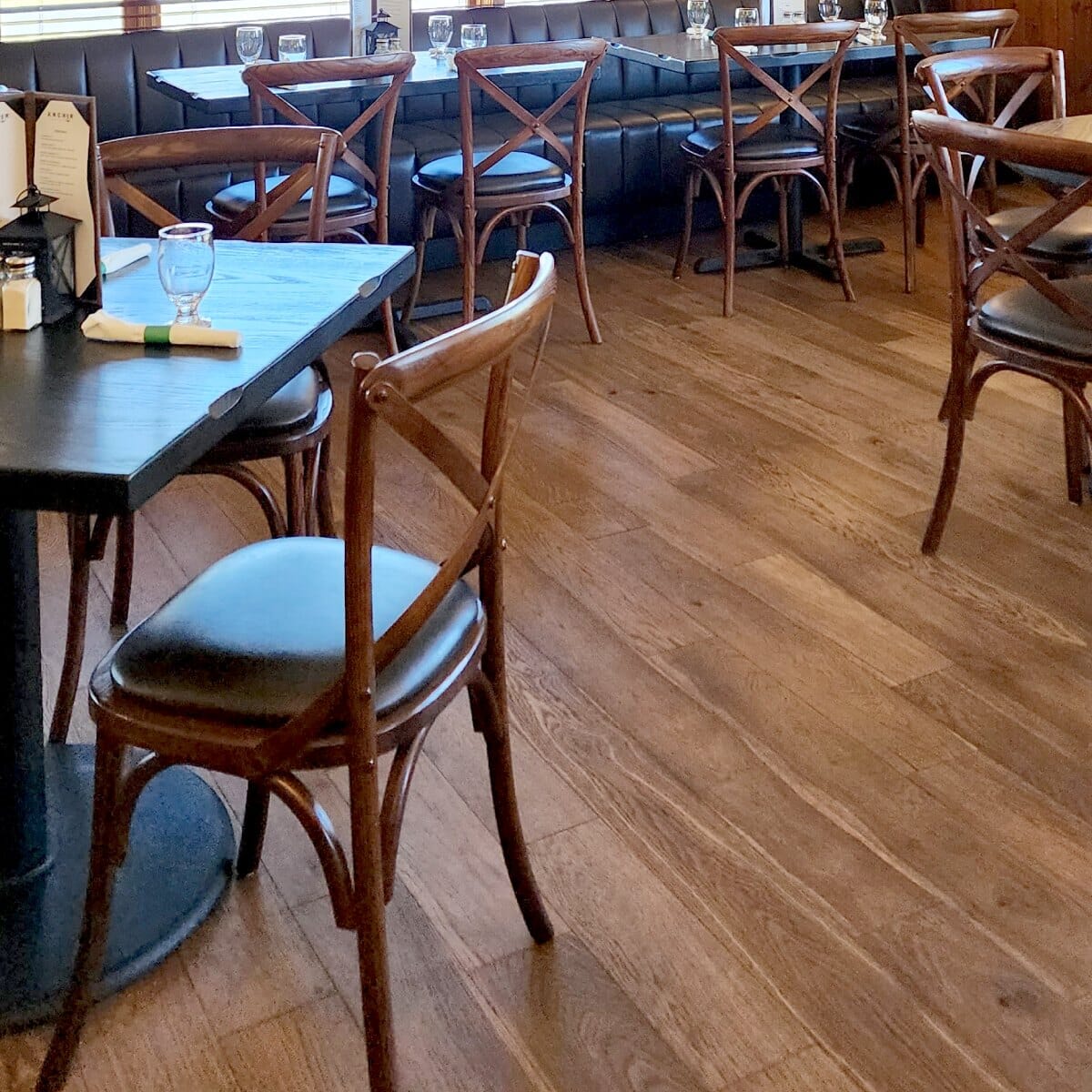 Cross-Back Commercial Chair in Antique Ash Wood with Walnut Finish