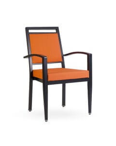 Front left angle of a banquet arm chair with bold orange upholstery on a square backrest and black frame