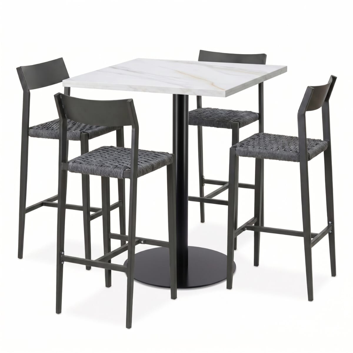 Isola 4-Seat Outdoor Restaurant Bar Height Set with Gray Rope Stools