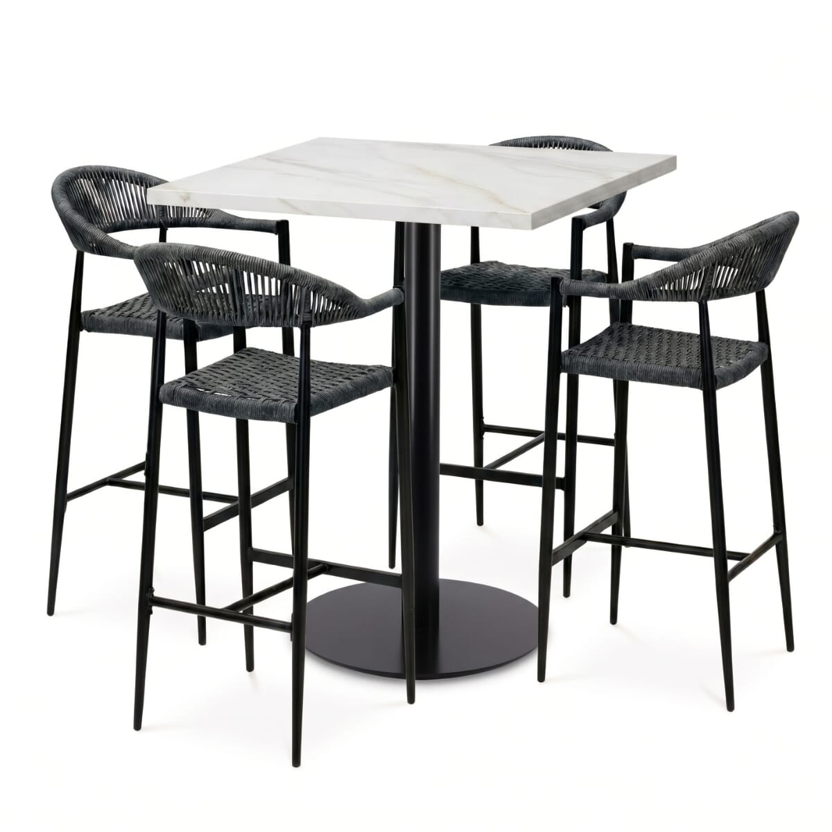 Sabbia 4-Seat Outdoor Restaurant Bar Height Set with Gray Rope Stools