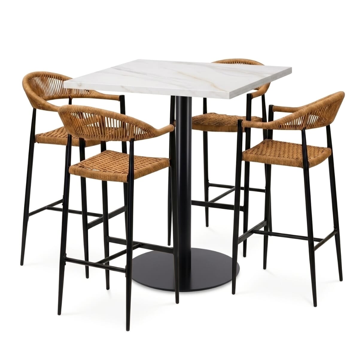 Sabbia 4-Seat Outdoor Restaurant Bar Height Set with Tan Rope Stools