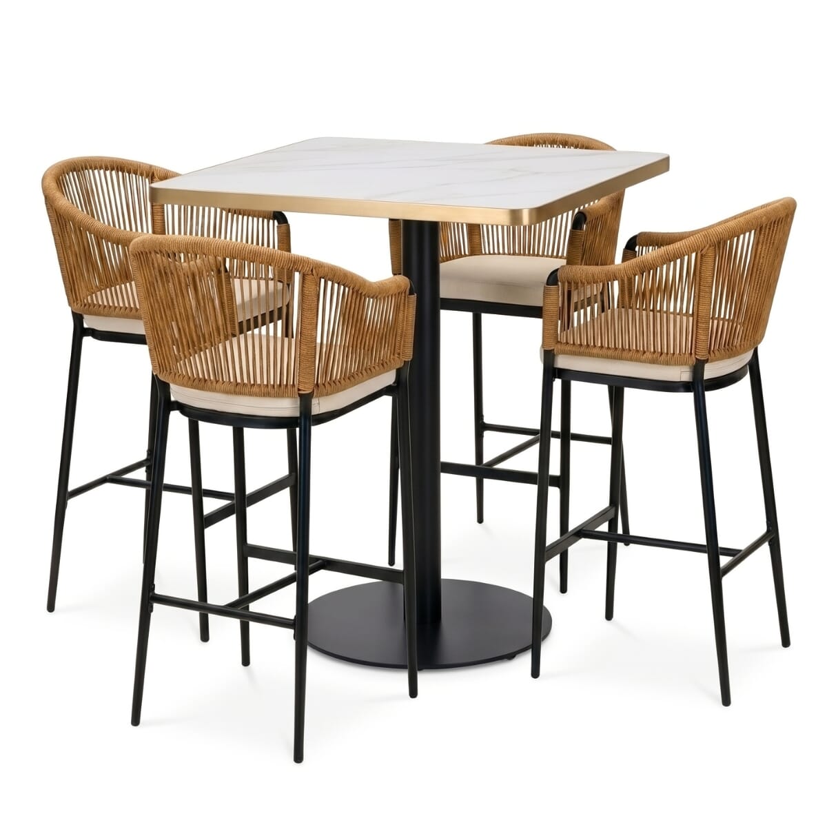 Brezza 4-Seat Outdoor Restaurant Bar Height Set with Tan Rope Stools