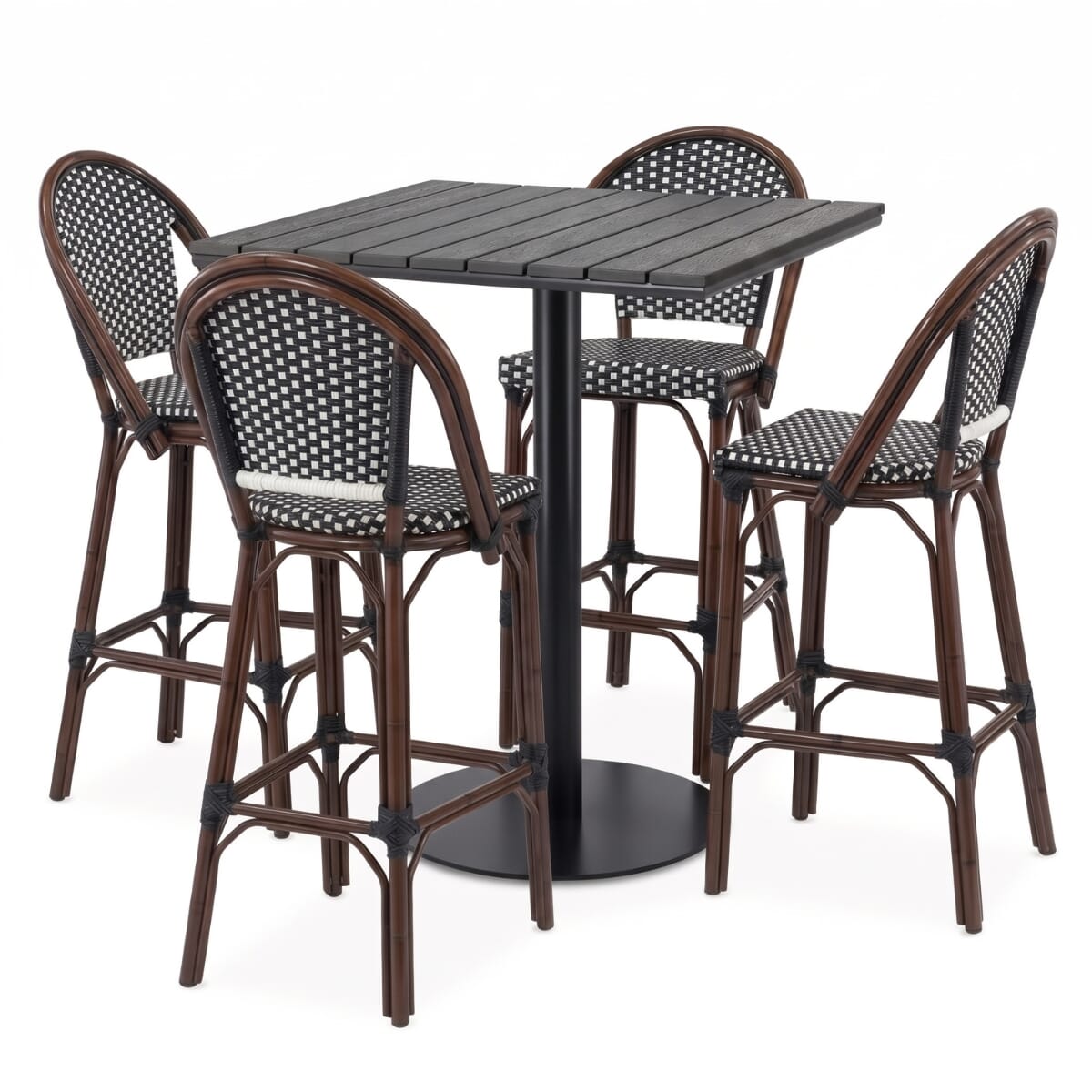 4-Seat Outdoor Restaurant Bar Height Set with Curved-Back Wicker Bar Stools