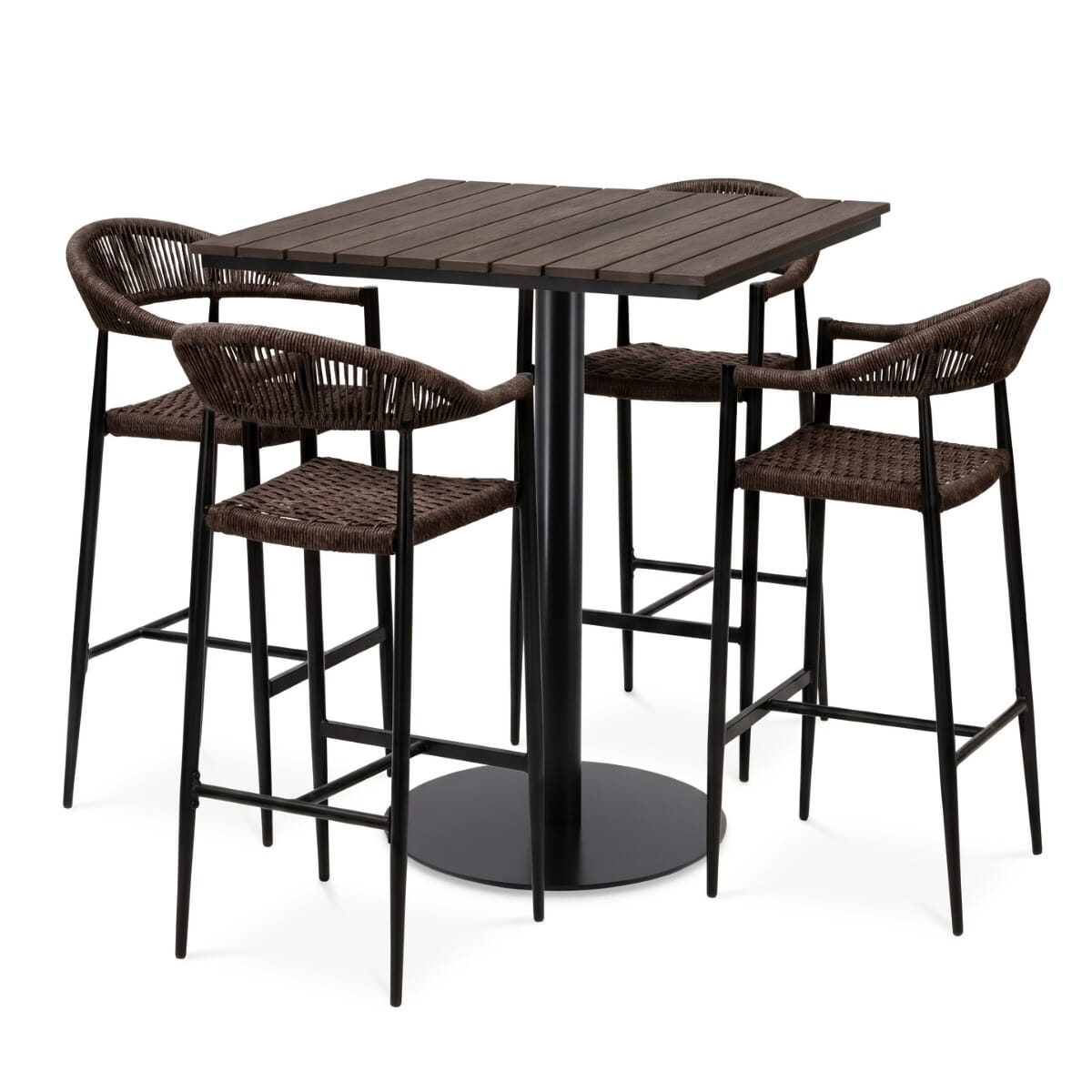 Sabbia 4-Seat Outdoor Restaurant Bar Height Set with Brown Rope Stools