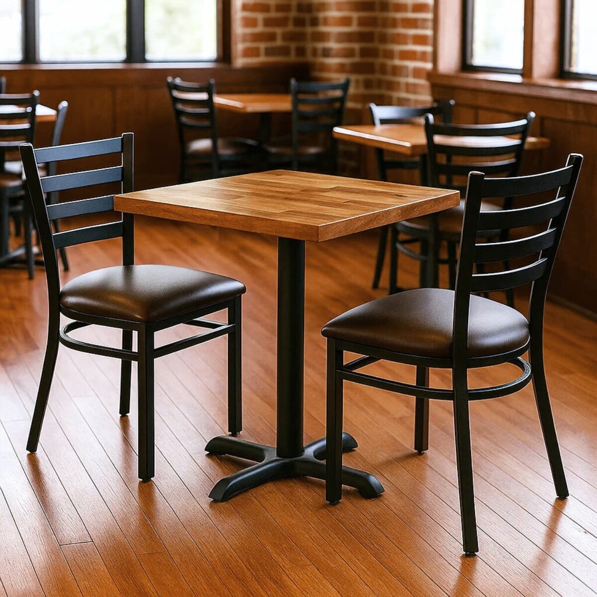 Black Restaurant Table Set with Solid Walnut Top & 2 Steel Ladderback Chairs