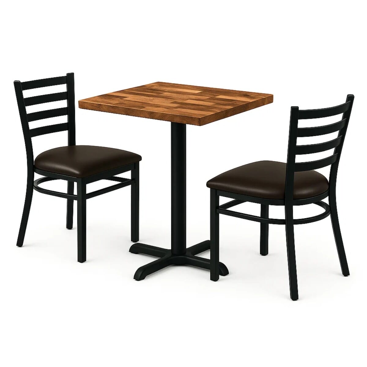 Black Restaurant Table Set with Solid Walnut Top & 2 Steel Ladderback Chairs