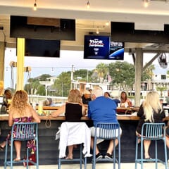 Stackable Indoor/Outdoor Resin Restaurant Bar Stool With Striped Seat and Back in Blue