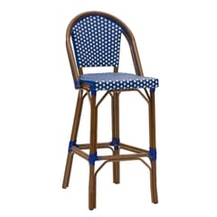 Curved-Back Synthetic Wicker & Bamboo Commercial Outdoor Bar Stool - Blue/White