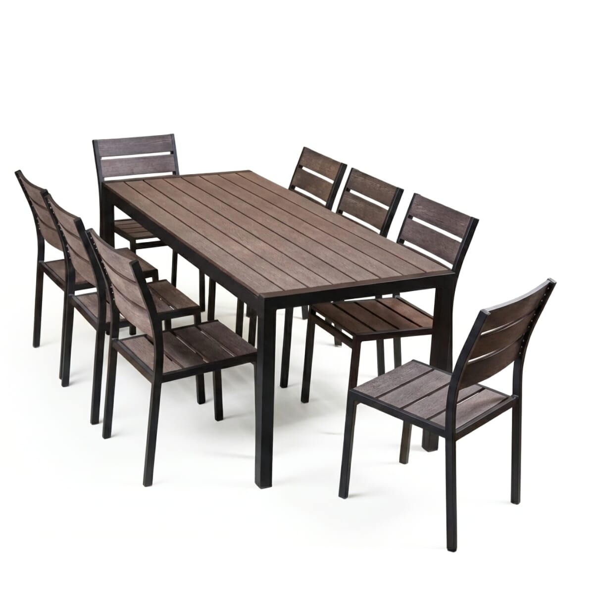 Outdoor Aluminum Restaurant Table with Brushed Brown Synthetic Teak Wood Slats