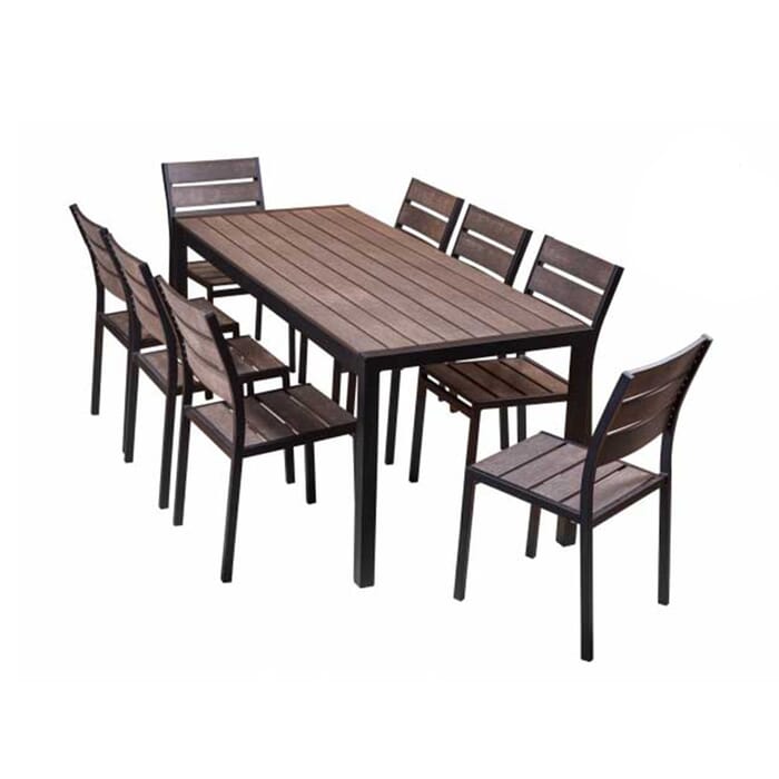 Outdoor Aluminum Restaurant Table With Brushed Brown Synthetic Teak Wood Slats Brushed Brown Synthetic Teak Wood Slats, Synthetic Wood Outdoor Dining Table