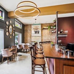Cross-Back Commercial Bar Stool in Antique Ash Wood with Walnut Finish